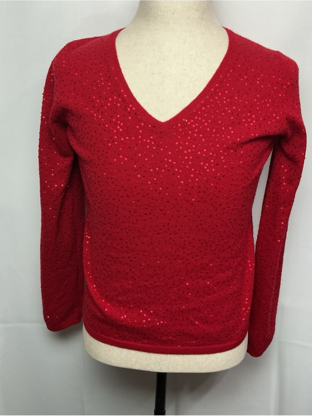 Charter Club Red Sequin V-Neck Cashmere Sweater Top